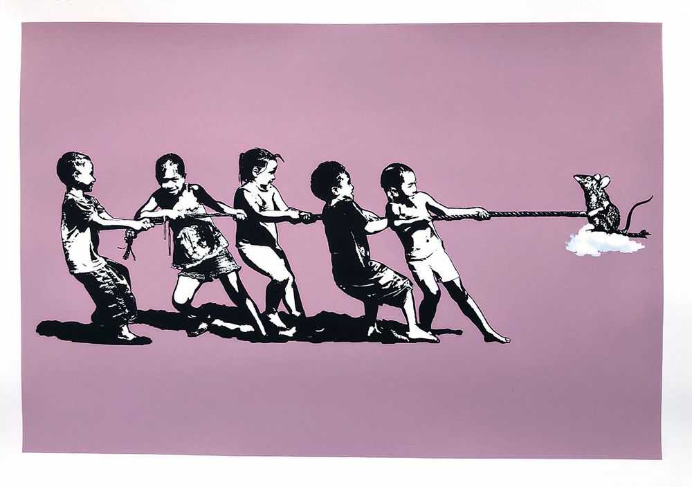 Blek le Rat, ‘Rope Pulling (Pink)’, 29-09-2018, Print, 3 colour screenprint on 300gsm Vélin d'Arches paper, Self-released, Numbered