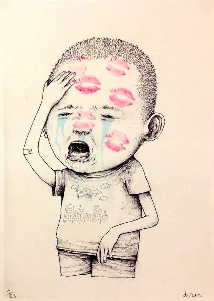 Dran, ‘Kiss Me - Crying Boy’, 2018, Print, Hand embellished screen print in colours, Self-released, Numbered, Handfinished