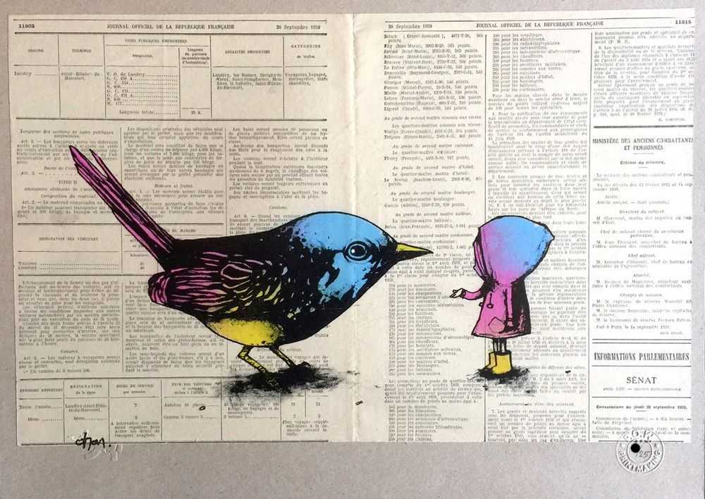 Dran, ‘Learning To Fly (Colour)’, 18-12-2010, Print, 5 colour stencil on a one colour screenprint on archived newsprint, mounted on card, Pictures On Walls, Numbered, Handfinished