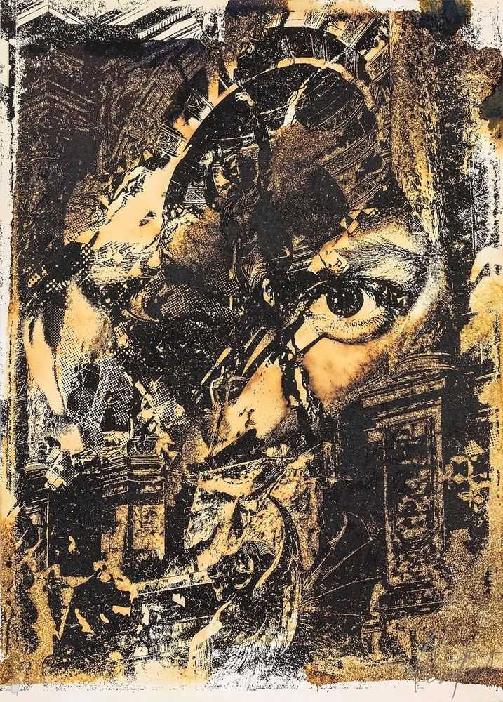 Vhils, ‘Relic’, 2020, Print, Screenprint ink, Quink ink, bleach, and acid. hand-finished on Keaykolour Original China White 300 g/m2 paper, Underdogs Gallery, Numbered, Handfinished