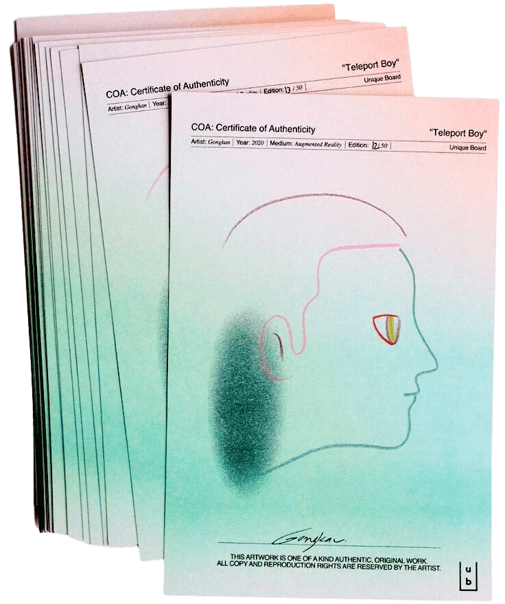 Gongkan, ‘Teleport Boy (Hand Drawn COA)’, 2021, Print, Hand drawn COA, Unique Board, Numbered, Handfinished