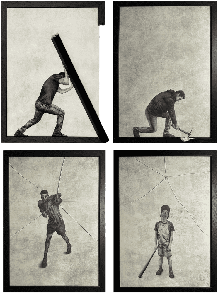 Andrew Scott, ‘Escape, The Boxer, Foul Ball, Push (Set of 4)’, 2023, Print, Set of 4 Watercolor Paper Prints + Chiseled frame + Hand Drawn Digital Illustration, Stowe Gallery, Numbered, Framed
