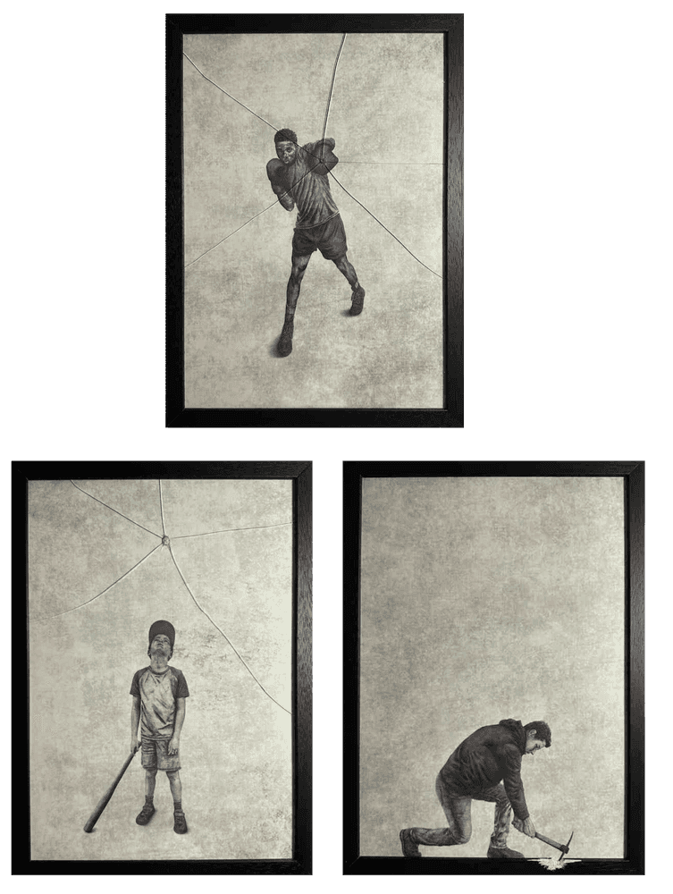 Andrew Scott, ‘Escape, The Boxer, Foul Ball (Set of 3)’, 2023, Print, Set of 3 Watercolor Paper Prints + Chiseled frame + Hand Drawn Digital Illustration, Stowe Gallery, Numbered, Framed