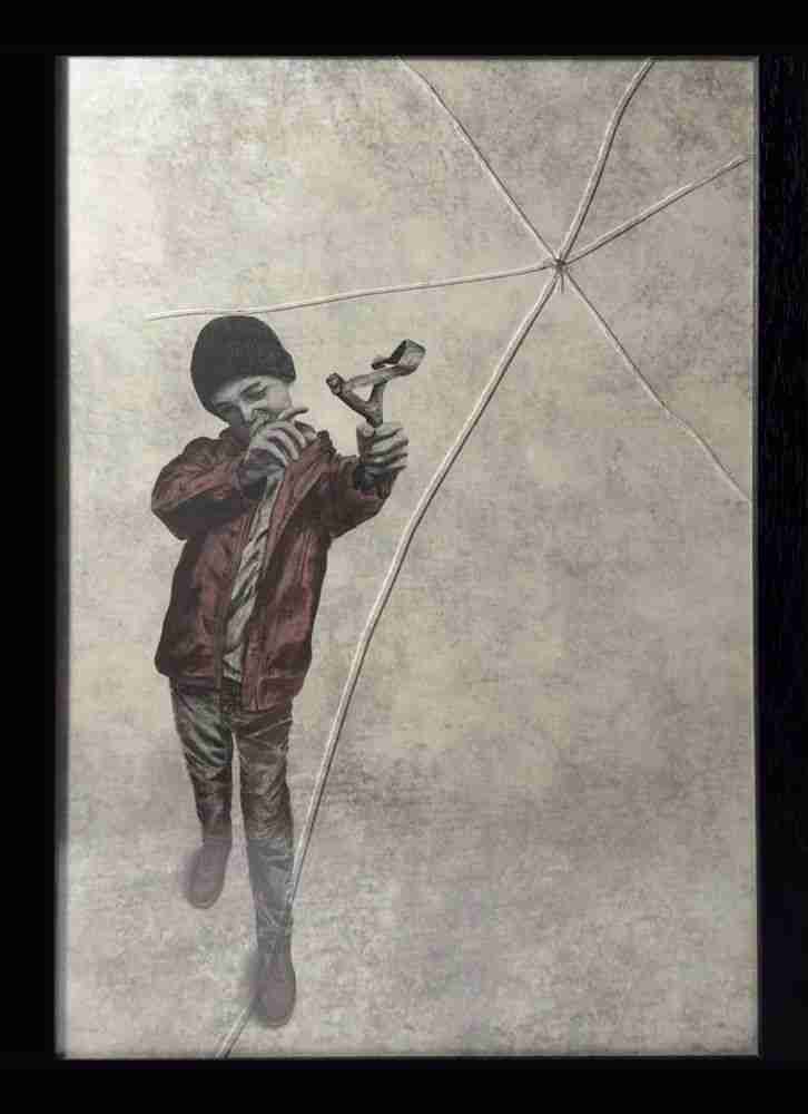 Andrew Scott, ‘Slingshot’, 2023, Print, Watercolor Paper + Broken Glass + Hand Drawn Digital Illustration, Stowe Gallery, Numbered, Framed
