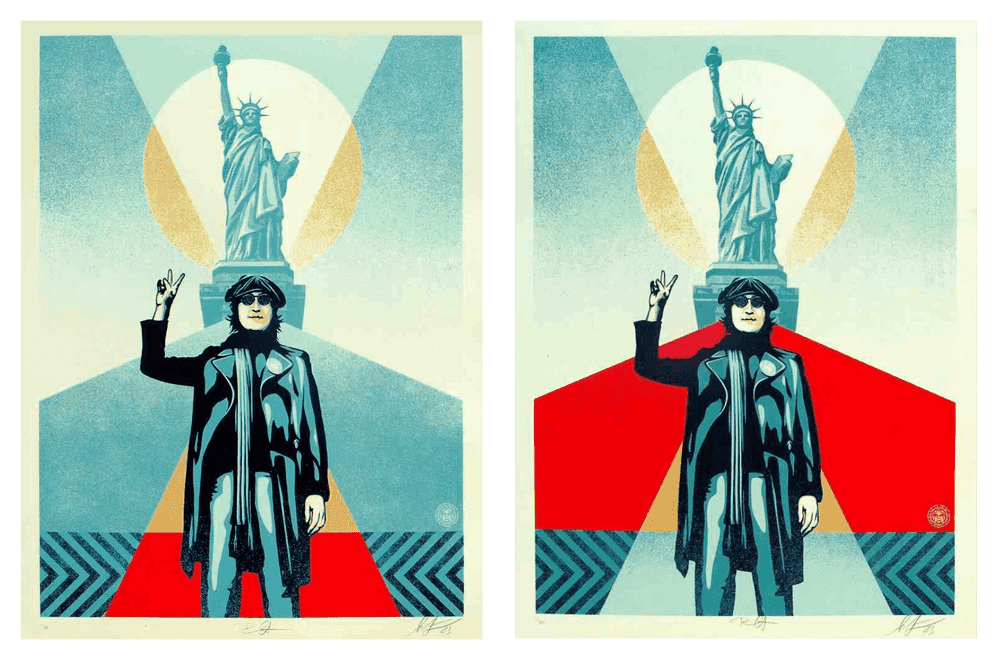 Shepard Fairey (Obey), ‘Lennon Peace And Liberty (Set of 2)’, 17-08-2023, Print, Set of 2 screenprints (1 red variant and 1 blue variant), Self released, Numbered