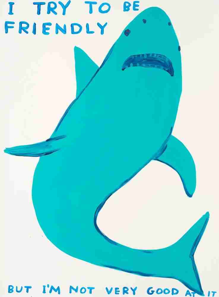 David Shrigley, ‘I Try to be Friendly (Shark)’, 08-12-2022, Print, 11 colour screenprint with a two varnish overlay, Nicolai Wallner, Numbered