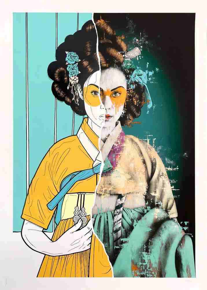 Fin DAC, ‘Layeoja (Variant 5 - Yellow)’, 10-06-2021, Print, 14 Colour screenprint on the right hand side of the image. Giclee Print on the left hand side + a Varnish all On 330 Gsm Somerset Paper, Graffiti Prints, Numbered
