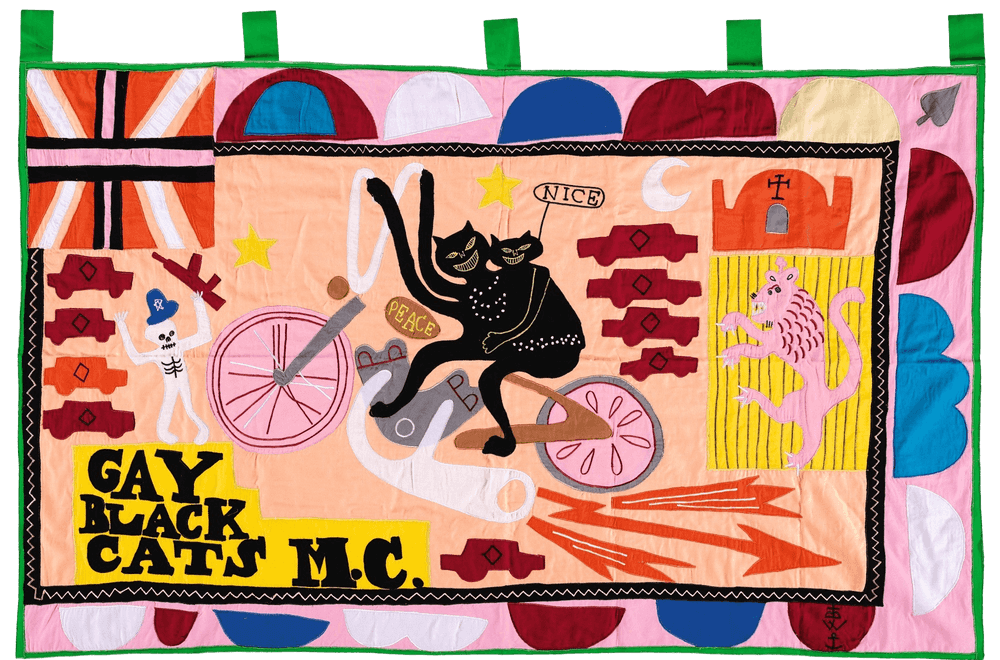 Grayson Perry, ‘Gay Black Cats MC’, 08-06-2017, Print, Hand-made cotton fabric and embroidery appliqué flag in colours, Serpentine Gallery, 