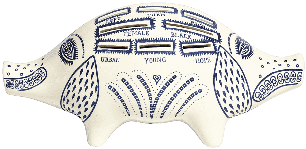Grayson Perry, ‘Piggy Bank’, 2017, Sculpture, White ceramic piggy bank painted in blue and glazed, with rubber stopper, null, 