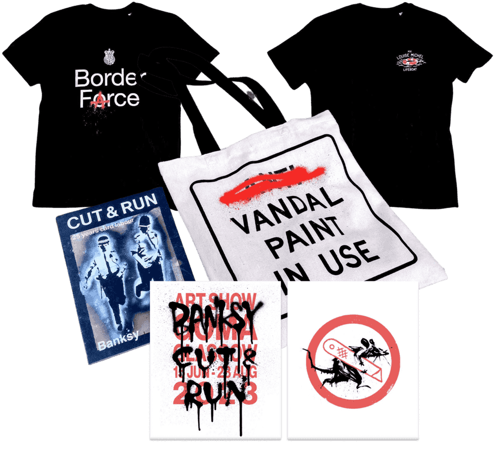 Banksy, ‘Cut and Run Bundle (Book + Tote Bag Set + Poster Set + T-Shirts)’, 18-06-2023, Print, Paperback + Tote bag + Poster Set, Gallery of Modern Art, 