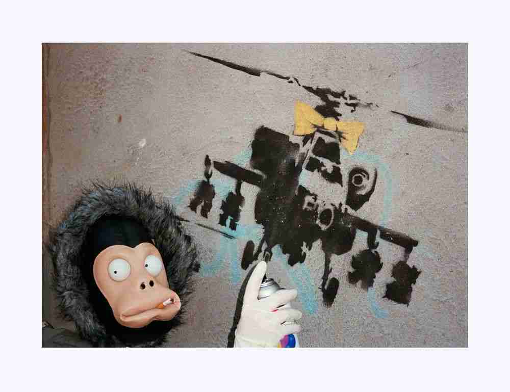 James Pfaff, ‘Banksy, Monkey Mask Session, (Happy Chopper), London, 2003’, 2022, Print, Archival Fujicolor C-Type handprint, glossy. (From the original negatives), Self-released, Numbered