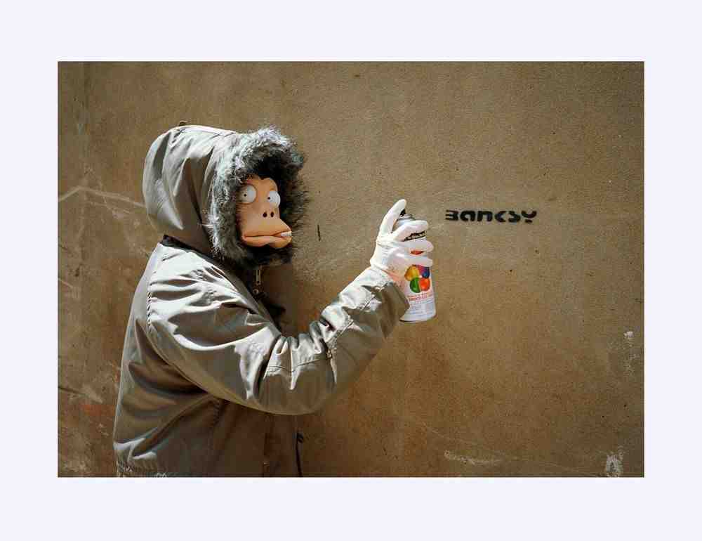 James Pfaff, ‘Banksy, Monkey Mask Session, (Tag), London, 2003 (Large)’, 2022, Print, Archival Fujicolor C-Type handprint, glossy. (From the original negatives), Self-released, Numbered