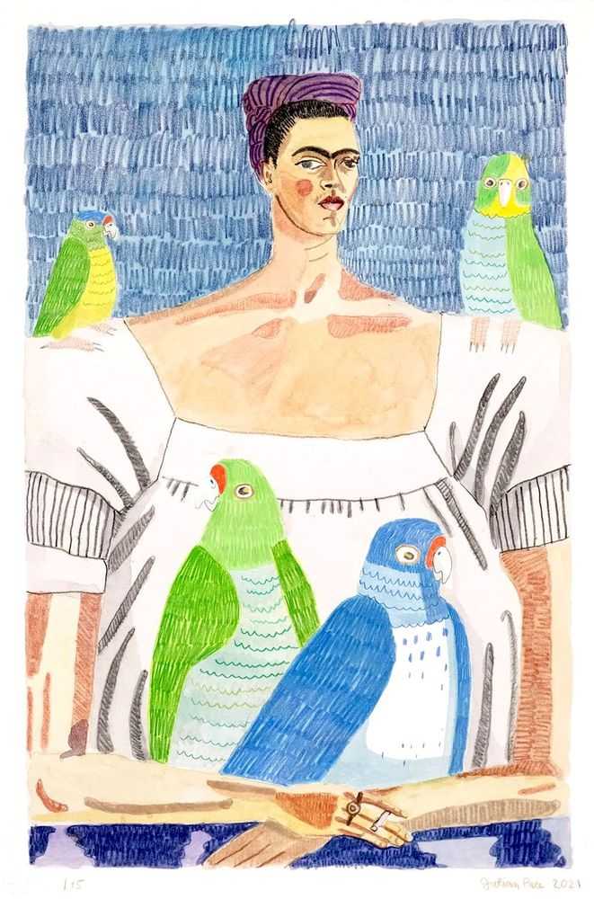 Julian Pace, ‘Frida and Parrots’, 2021, Print, Archival inkjet print with gouache and colored pencil hand-appliqué on Hahnemuhle Museum Etching 350 gsm paper with torn edge, Simco Editions, Numbered, Handfinished
