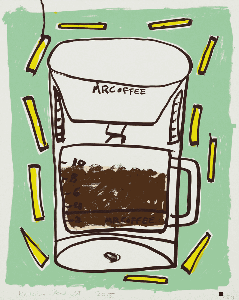 Katherine Bernhardt, ‘Mr Coffee With Fries’, 2015, Print, Six-colour silkscreen on Coventry Rag 335gsm, New Art Dealers Alliance (NADA), Numbered, Dated