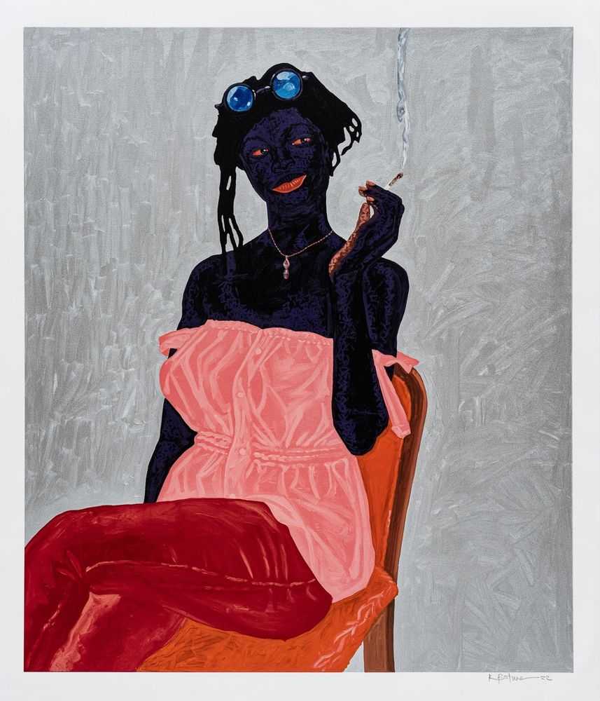 Kwesi Botchway, ‘Lady with a Tampi’, 2023, Print, Hand-pulled, 57-layer silkscreen with bespoke silver ink and fine glitter, printed on 410gsm Somerset Tub Sized Radiant White paper and uniquely hand-finished by the artist in acrylic paint, Avant Arte, Dated