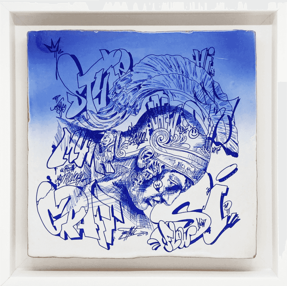 Pichiavo, ‘Manises Achilles Ceramic’, 08-03-2021, Sculpture, Gel ink on cobalt blue painted handcrafted ceramic tile, framed, Self-released, Numbered, Handfinished, Framed