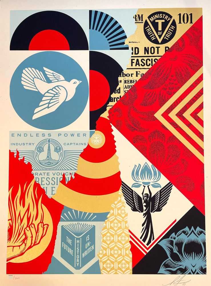 Shepard Fairey (Obey), ‘The Future Is Unwritten Collage’, 2021, Print, screenprint on 80 LB cream French Speckletone paper, RISD Limited Editions, Numbered, Dated