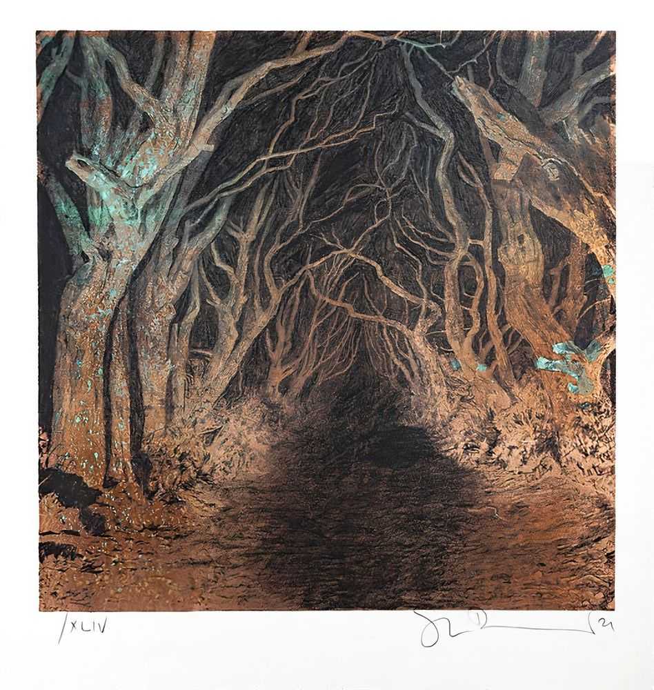 Stanley Donwood, ‘Dark Hedges III’, 2021, Print, A five/six layer screenprint and copper leaf on a 410gsm English Somerset velvet paper with a torn edge, Whistleblower Gallery, Numbered, Dated