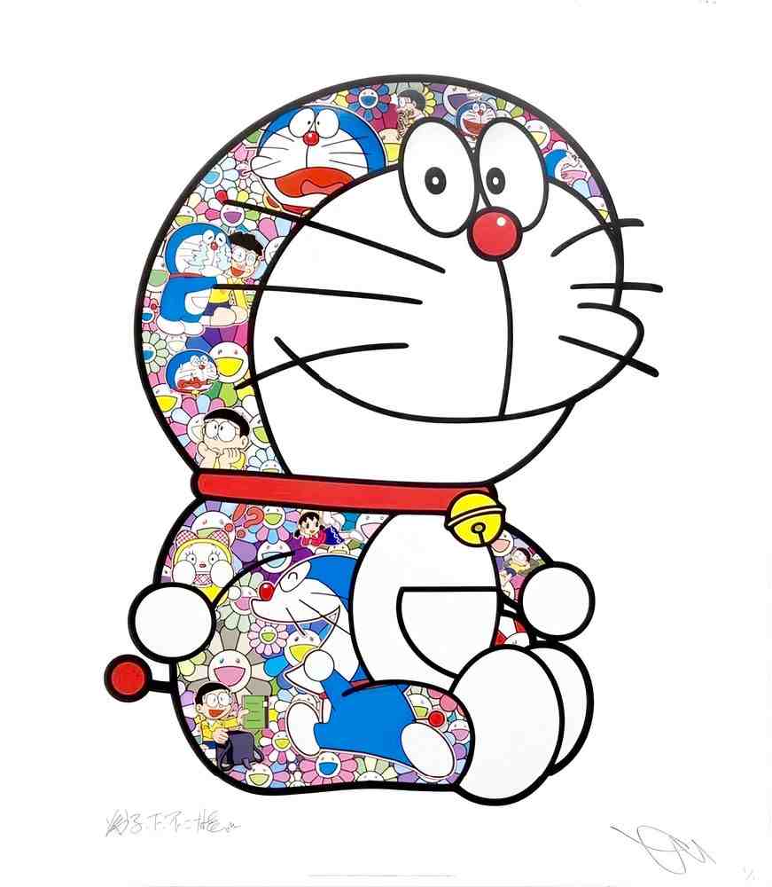 Takashi Murakami, ‘Doraemon Sitting Up (Yoo Hoo, Nobital)’, 01-02-2022, Print, Offset print with silver and high gloss varnishing, Kaikai Kiki Co., Ltd., Numbered