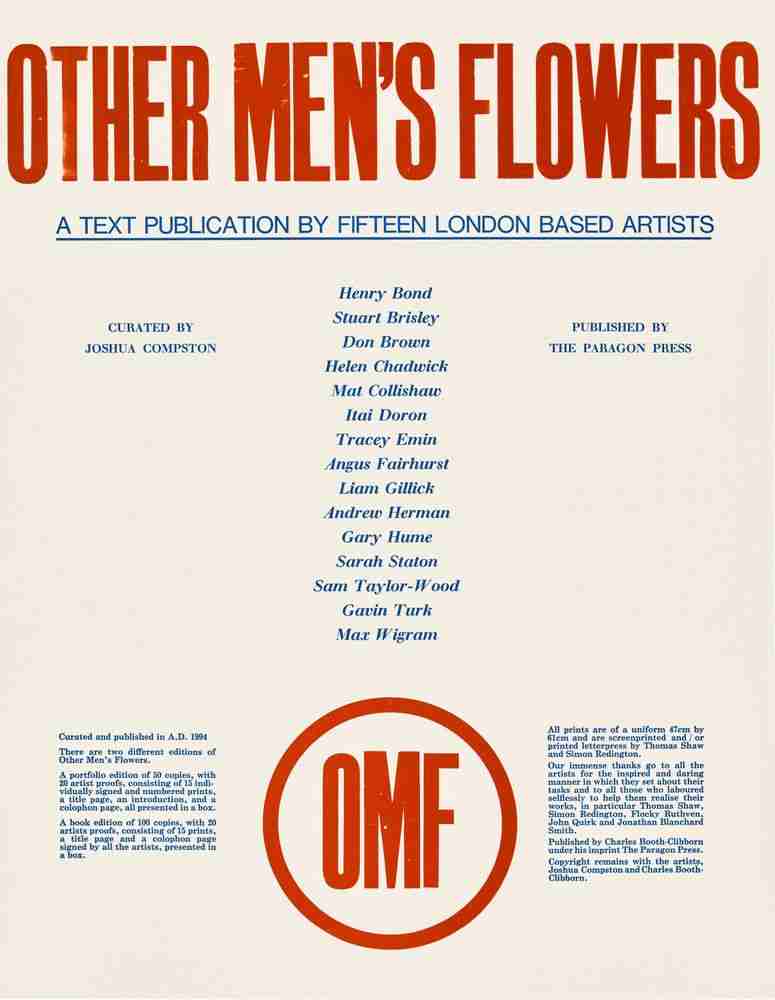Tracey Emin, ‘Other Men's Flowers. A Text Publication by Fifteen London Based Artists’, 1994, Print, 16 screenprint or letterpress plates on various paper stock by 15 different artists, The Paragon Press, 