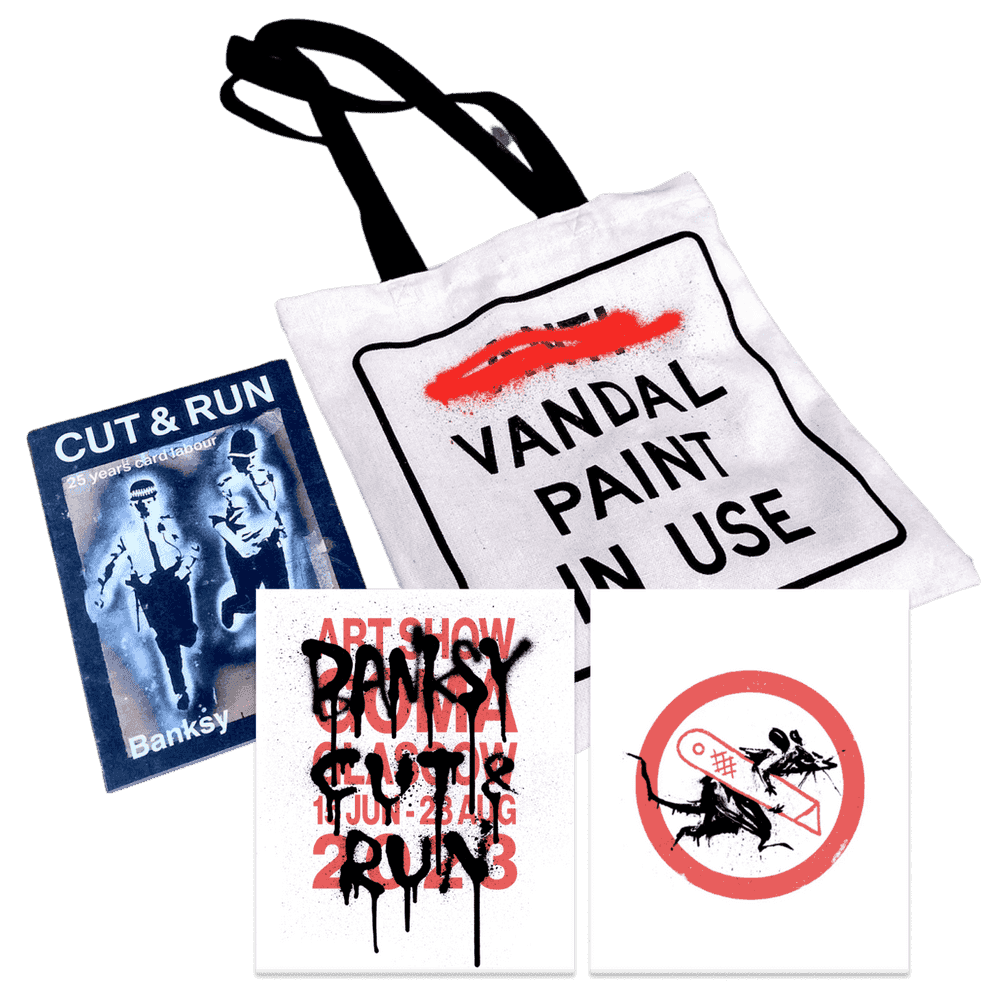Banksy, ‘Cut and Run Bundle (Book + Tote Bag Set + Poster Set)’, 18-06-2023, Print, Paperback + Tote bag + Poster Set, Gallery of Modern Art, 